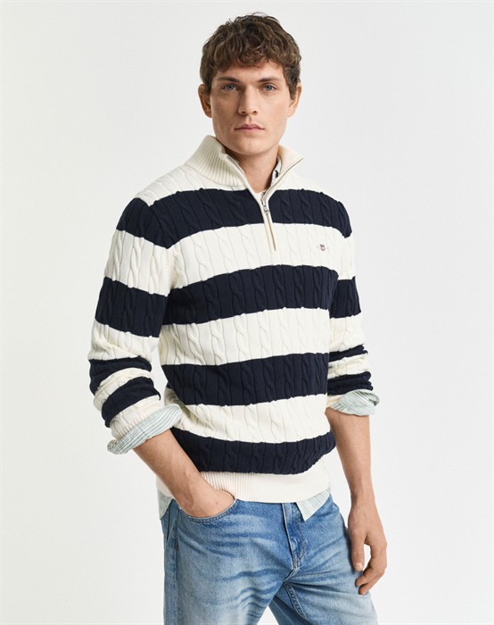 Striped Cotton Cable Half Zip Sweatshirt - Evening Blue